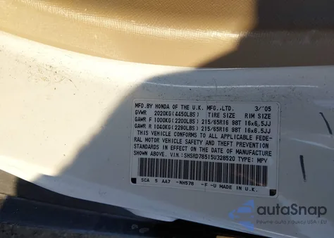 2005 Honda Cr-V Lx из США, поврежденный, VIN SHSRD78515U328520